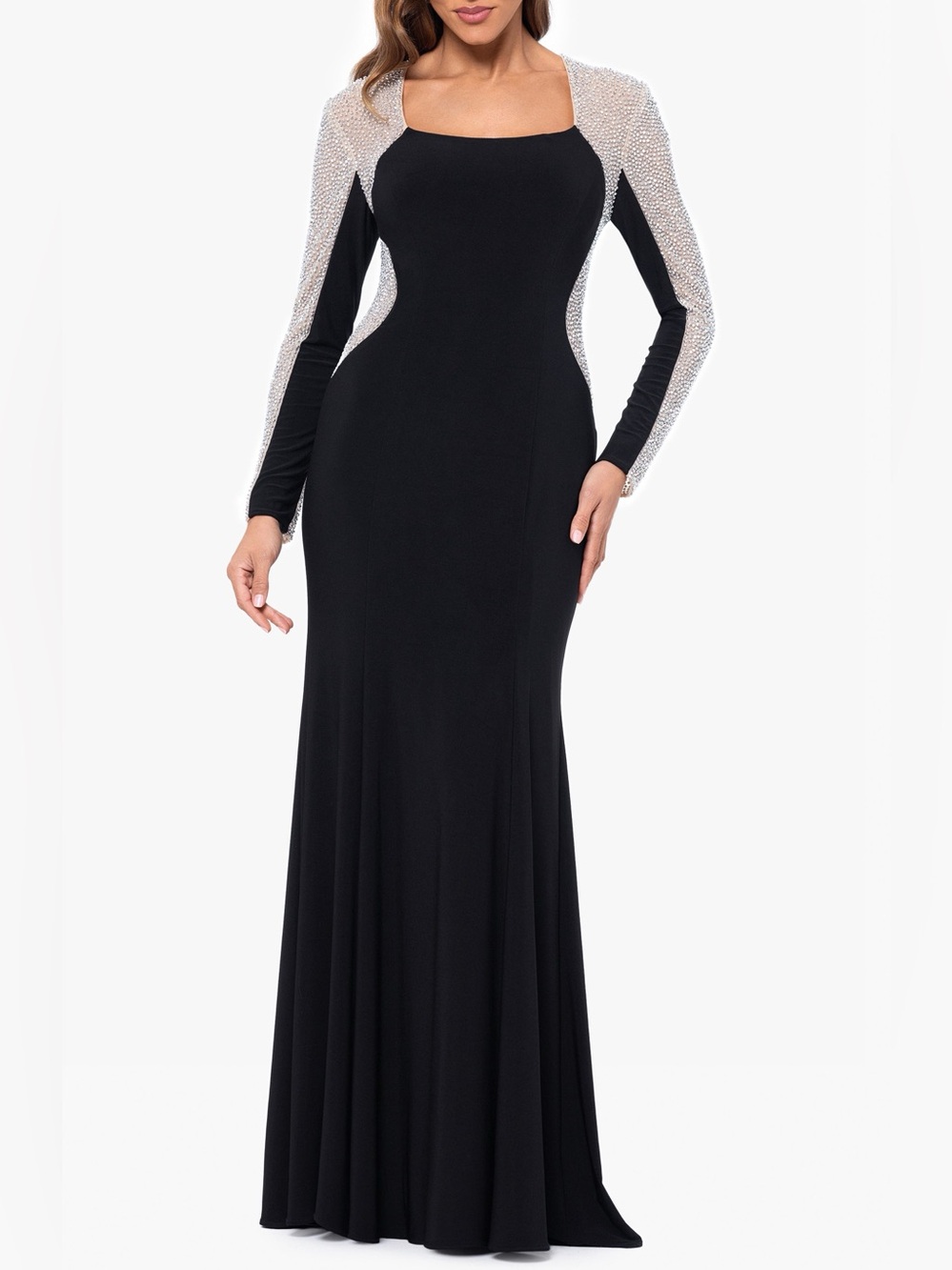Xscape Black Embellished Rhinestone Sleeve Evening Gown Dress Sz 12 NWT